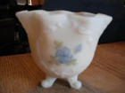 Fenton White Custard 3 Legged Hand Painted Blue Floral Crimped Vase