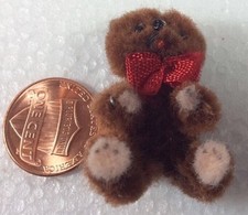 Mini Dollhouse Teddy Bear 1:12 Brown Plush w/Bendable Arms  Legs w/Red Bow