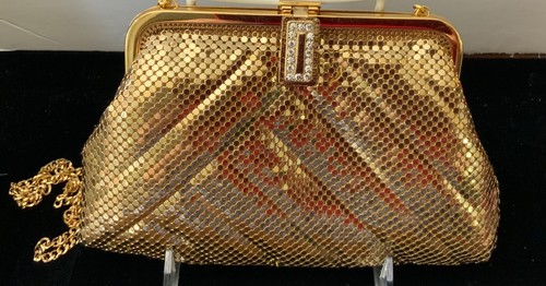 vintage Whiting & Davis art nouveau signed gold mesh clutch/ purse chain strap