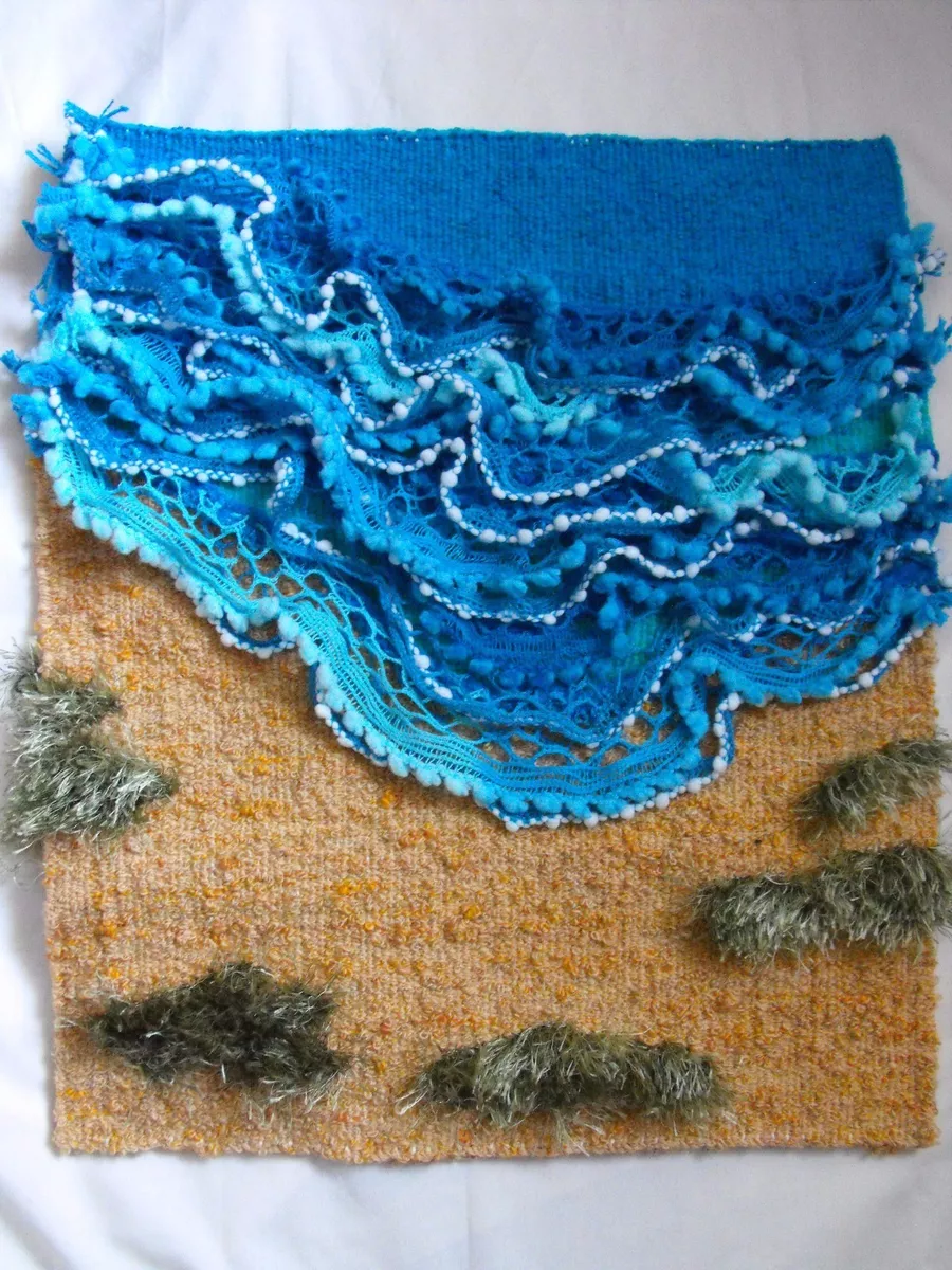 Hand made OOAK woven tapestry wall hanging ART textile OCEAN WAVE crocket