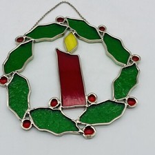 Vintage Stained Glass Sun Catcher Window Christmas Wreath Red Green