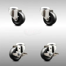 3 Inch 316SS Hard Rubber Wheel Swivel Bolt Hole Caster Set 2 Brakes SCC