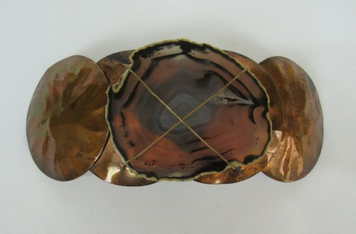 BELT BUCKLE VTG 1960s MOD BRUTALIST POLISHED STONE & COPPER 8 1/4" by 3 1/8" - Bild 11 von 12