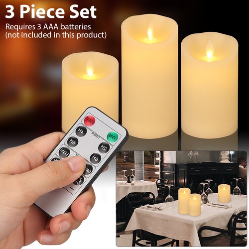 Set of 3 Flameless Moving Wick LED Pillars Candles Light w/ Timer Remote Control - Picture 2 of 11