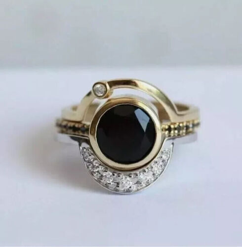2.00 Ct Round Cut Lab-Created Black Diamond Trio Ring Set 14K Yellow Gold Plated - Picture 3 of 6