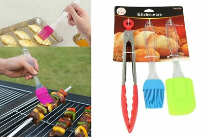 Neu Silikon Set Spatel, weicher Pinsel, Zange 3 in 1 Braten Kuchen Backen Küche