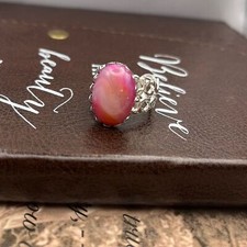 Pink Swirled Striped Oval Agate Stainless Steel Open Band Ring