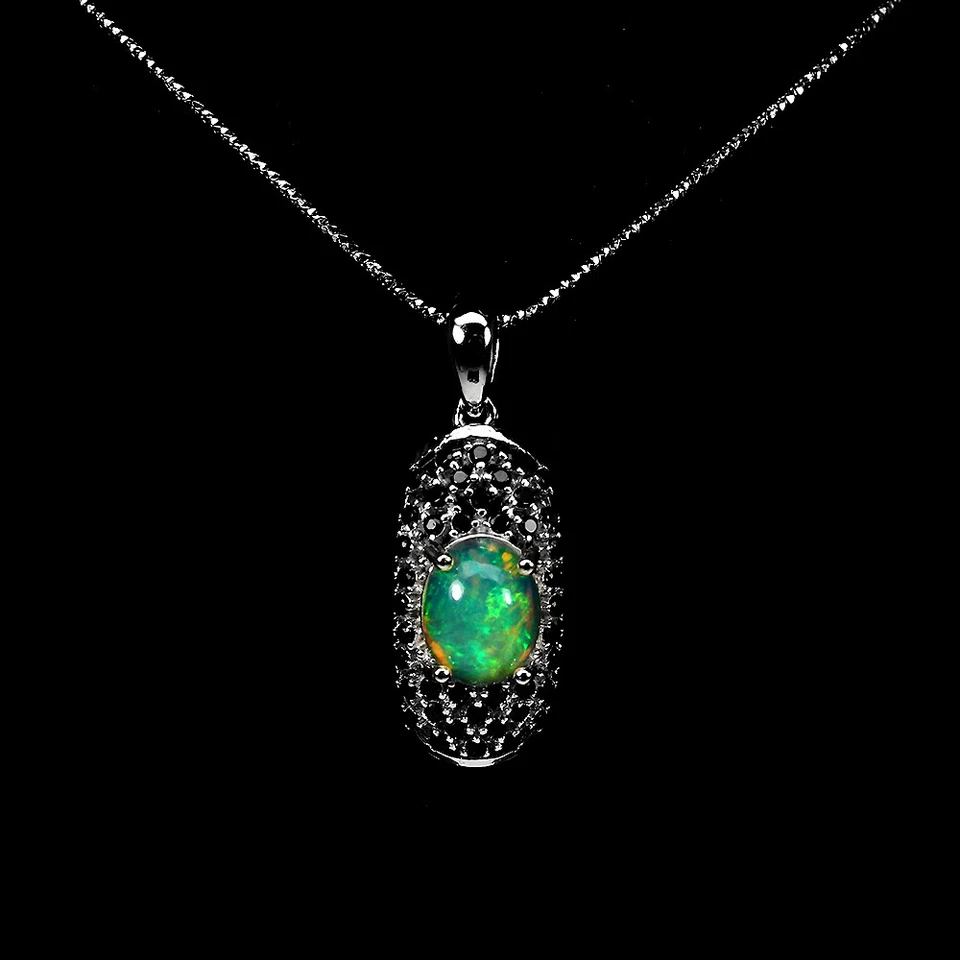 925 Sterling Silber Oval Feuer Opal 9x7mm Schwarzer Spinell Halskette 16 Zoll - Bild 2 von 4