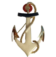 Vintage Brooch Pin Nautical Boat Anchor Red White Blue Enamel Gold Tone EUC