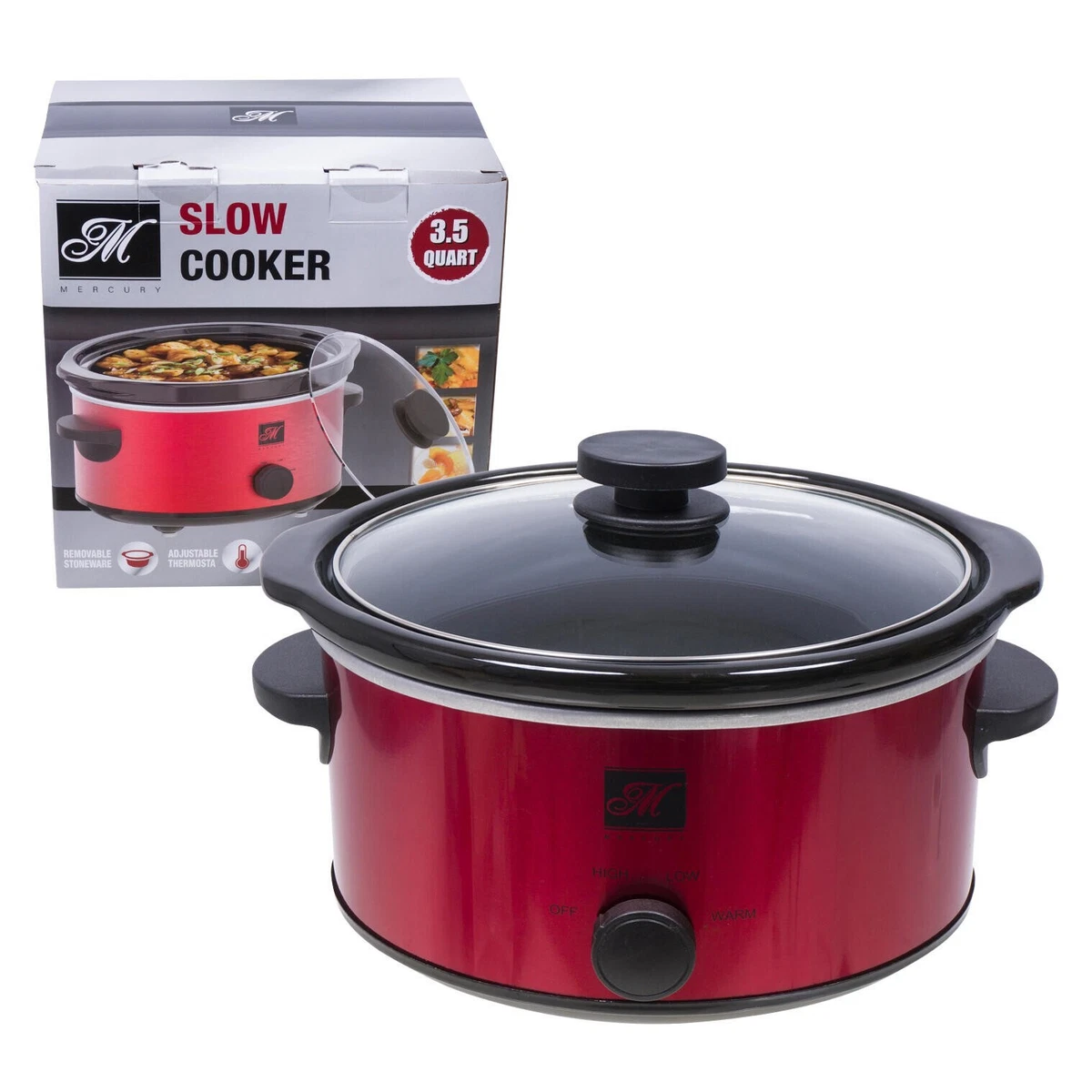 Ovel Slow Cooker 3.5qt Red Quart with Black Ceramic Insert & Glass