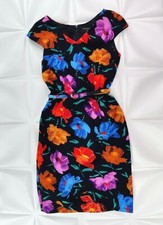 David Meister Sz 10 Black Colorful Floral Belted Sheath Pencil Dress V Neck RARE