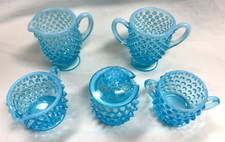 2 SETS VINTAGE BLUE OPALESCENT HOBNAIL GLASS CREAM SUGAR JAM SET