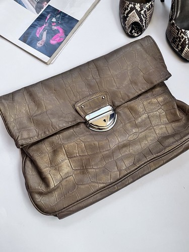 Vintage Y2K Cynthia Rowley Embossed Bronze Leather Fold Over Clutch