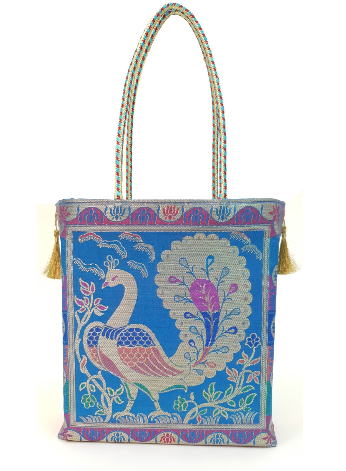 Handbag Indian Ethnic Peacock Woven Zari Brocade Fabric Blue Shoulder Hand Bag-image
