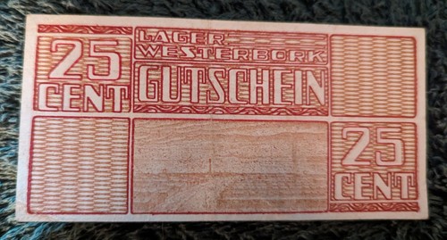 KZ, Westerbork Transit Camp Voucher, 25 cent note, Uncirculated, Very Rare, AA 