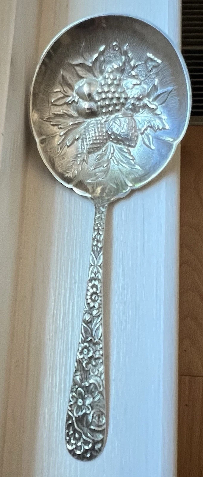 Sterling Silver S. Kirk & Son Repousse Bon Bon Serving Spoon Berries & Floral 5"
