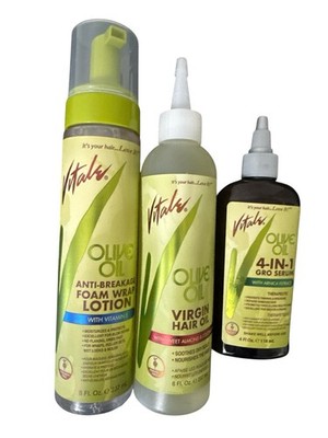 3 Vitale OLIVE OILD 4 in 1 GROWTH SERUM 4oz+foam Wrap Lotion 8oz+ Hair Oil 8oz