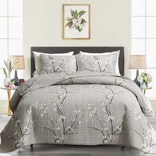 3 Pieces Quilt Set Queen Full Size 88x88 Gray Branch with White Orange Floral...