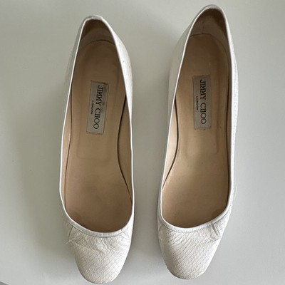 Jimmy Choo White Snakeskin Textured Leather Flats Closed Toe Slip-On Women EU 39