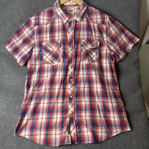 Levis Mens Plaid Short Sleeve Shirt XXL Red Blue White Pearl Snap Modern Fit