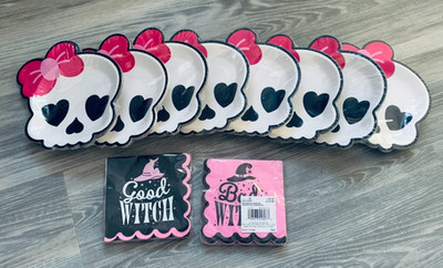 Create It Skull Bow Plates Witch Napkin Lot of 10 96 Plates 40 Napkins $60
