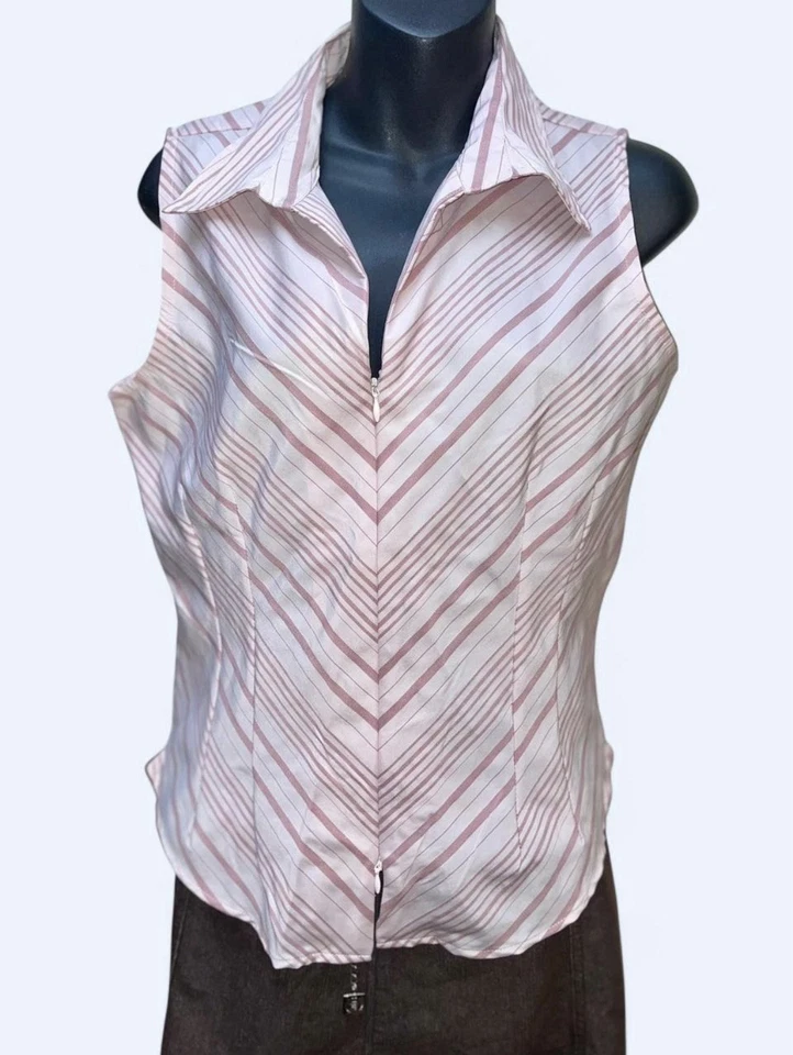 Y2K Does Años 70 Grande Rosa Rayas Camiseta sin Mangas Cubierta Gran Tamaño Cuello Daga Cremallera Foto 2 de 4