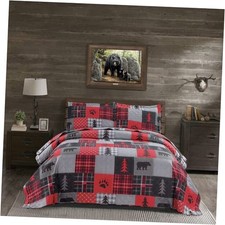 King Size Quilt Set Rustic Quilt Bedding King Quilt 108" 96" Red Plaid Bear