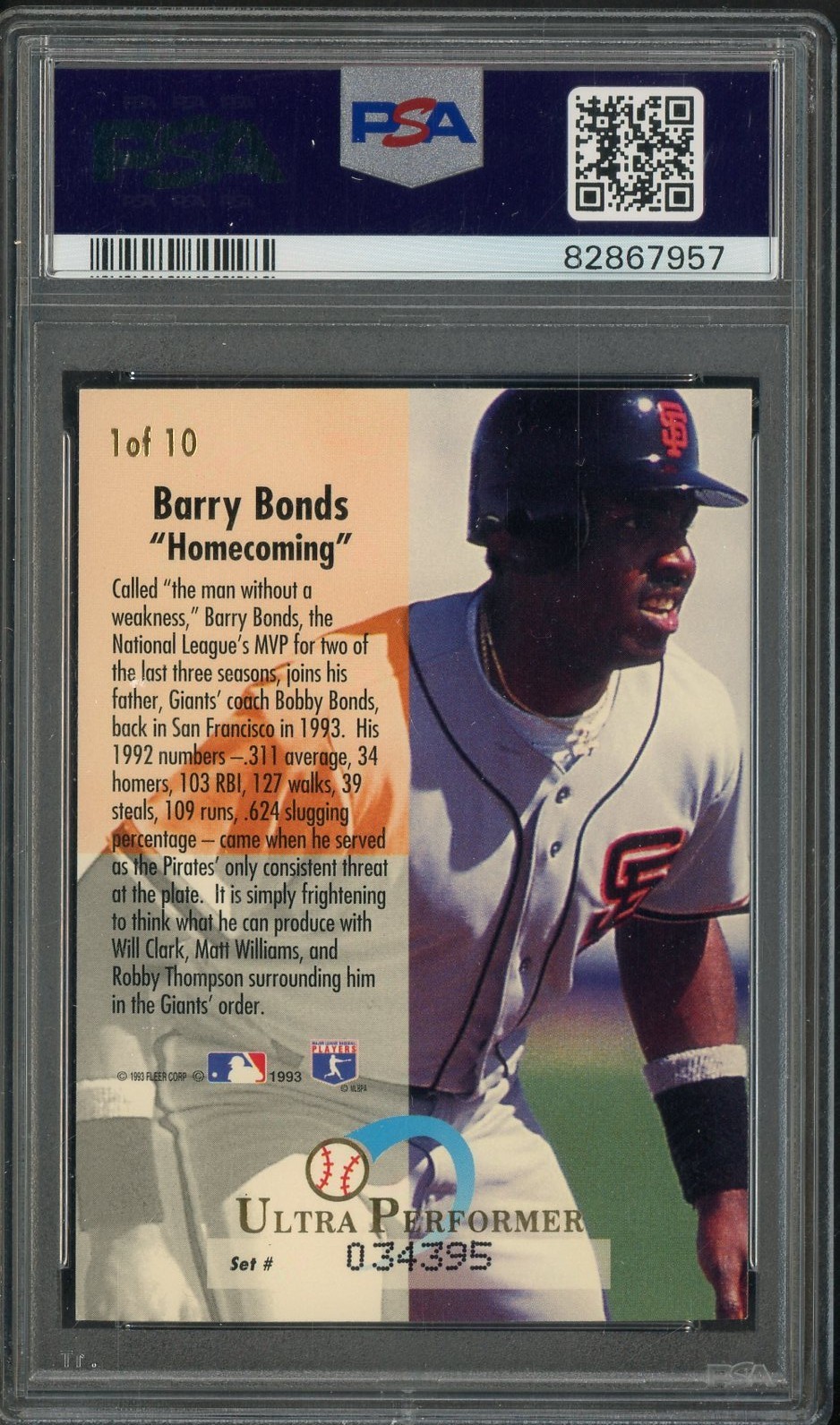 1993 Fleer Ultra Performers #1 Barry Bonds San Francisco Giants PSA 7 NM view 2
