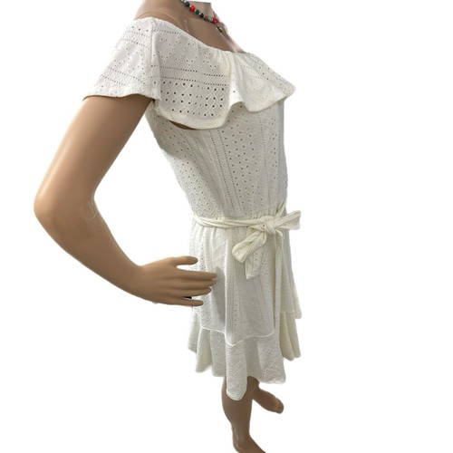 BCBGeneration Ruffled Off Shoulder Eyelet Mini Dress Womens Sz M Cottage White - Picture 7 of 12
