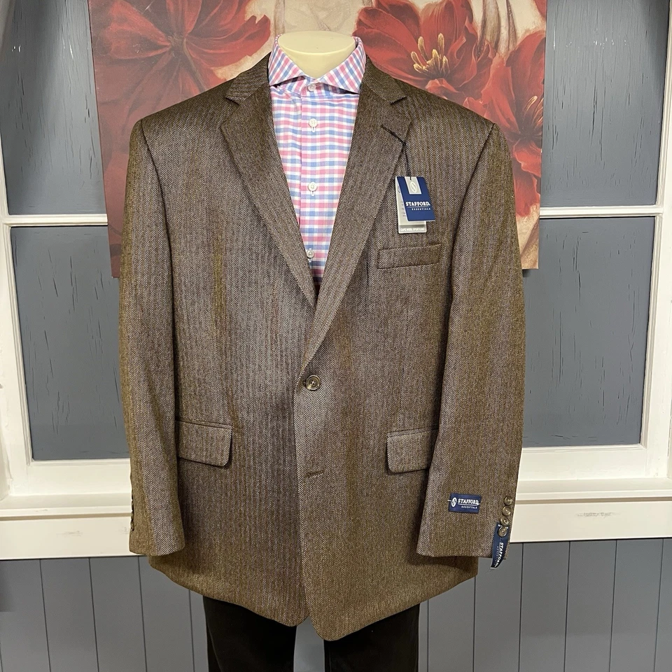 Stafford Soft Tweed Blazer Jacket Sport Coat Mens 50R Wool Herringbone Brown - Image 2 of 4