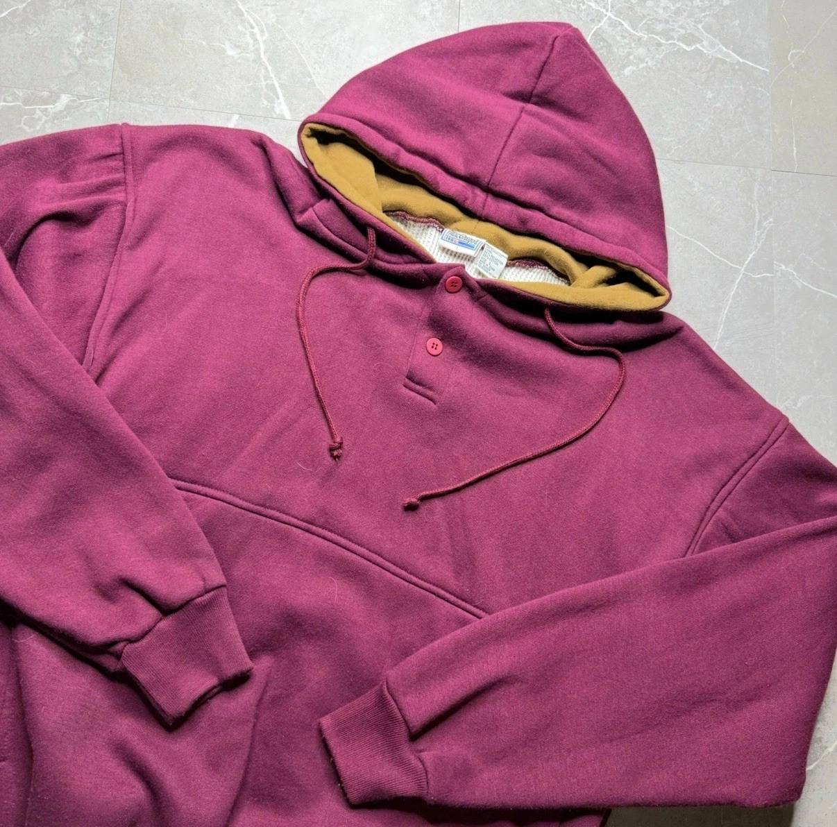 Vintage Thermal Lined Henley Button Hoodie MacGregor Size 2XL Burgundy