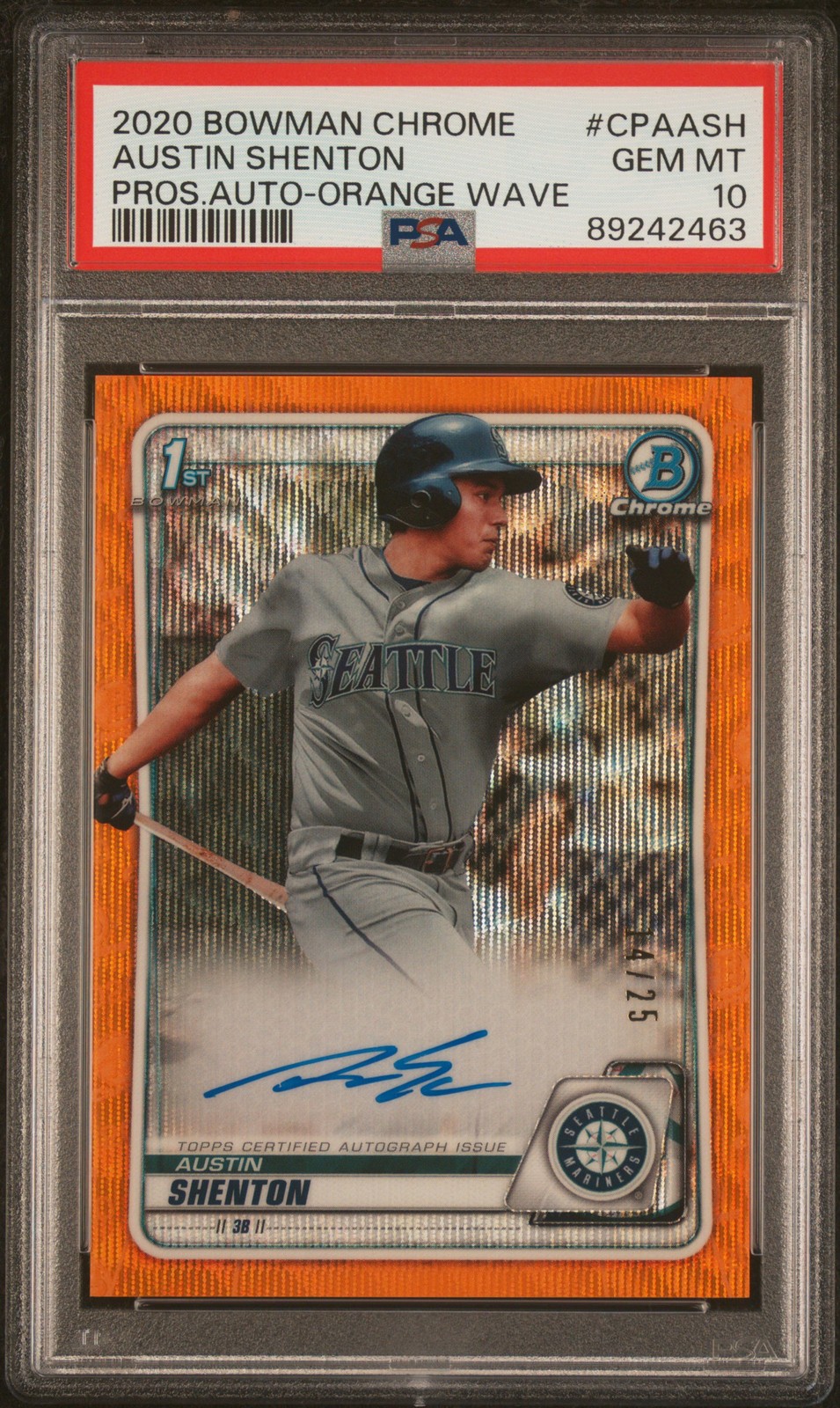 2020 Bowman Chrome Austin Shenton Auto Orange Wave /25 Rookie PSA 10