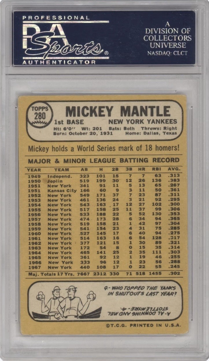 Mickey Mantle 1968 Topps #280 VG PSA 3 Vintage Baseball view 2