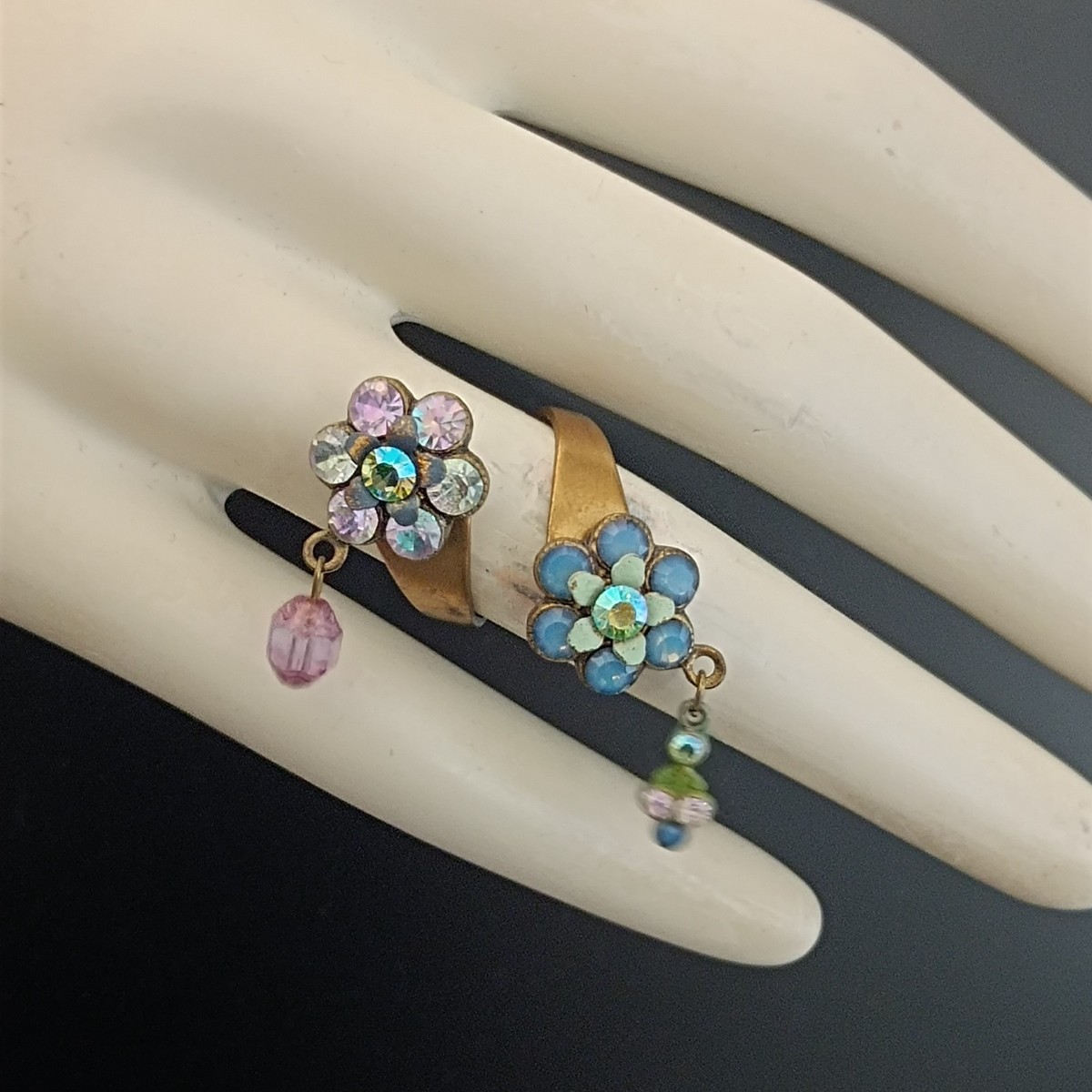 Michal Negrin Split Shank Floral Ring Romantic Boho Crystal Charm