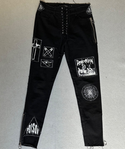 Dolls Kill Current Mood Crust Pants Women L Black Lace Up Patch Punk Mall Goth