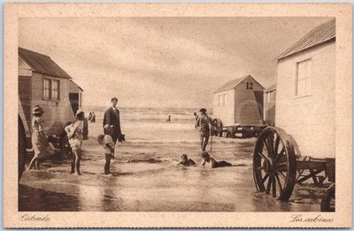 Vintage Postkarte Bademaschinen Strand Ostende Westflandern Belgien Menschen Meer 1. Weltkrieg