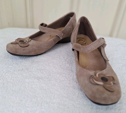 Earth Spirit Mary Janes 8 Tan/brown Suede Flower Detail Toe 1.5in Wedge Comfort - Picture 3 of 6