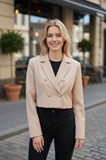 PrettyLittleThing Cropped Double Button Blazer Women's Size 4 US Stone Lined