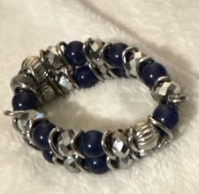 Blue Silver-Tone Round Beaded Stretch Bracelet