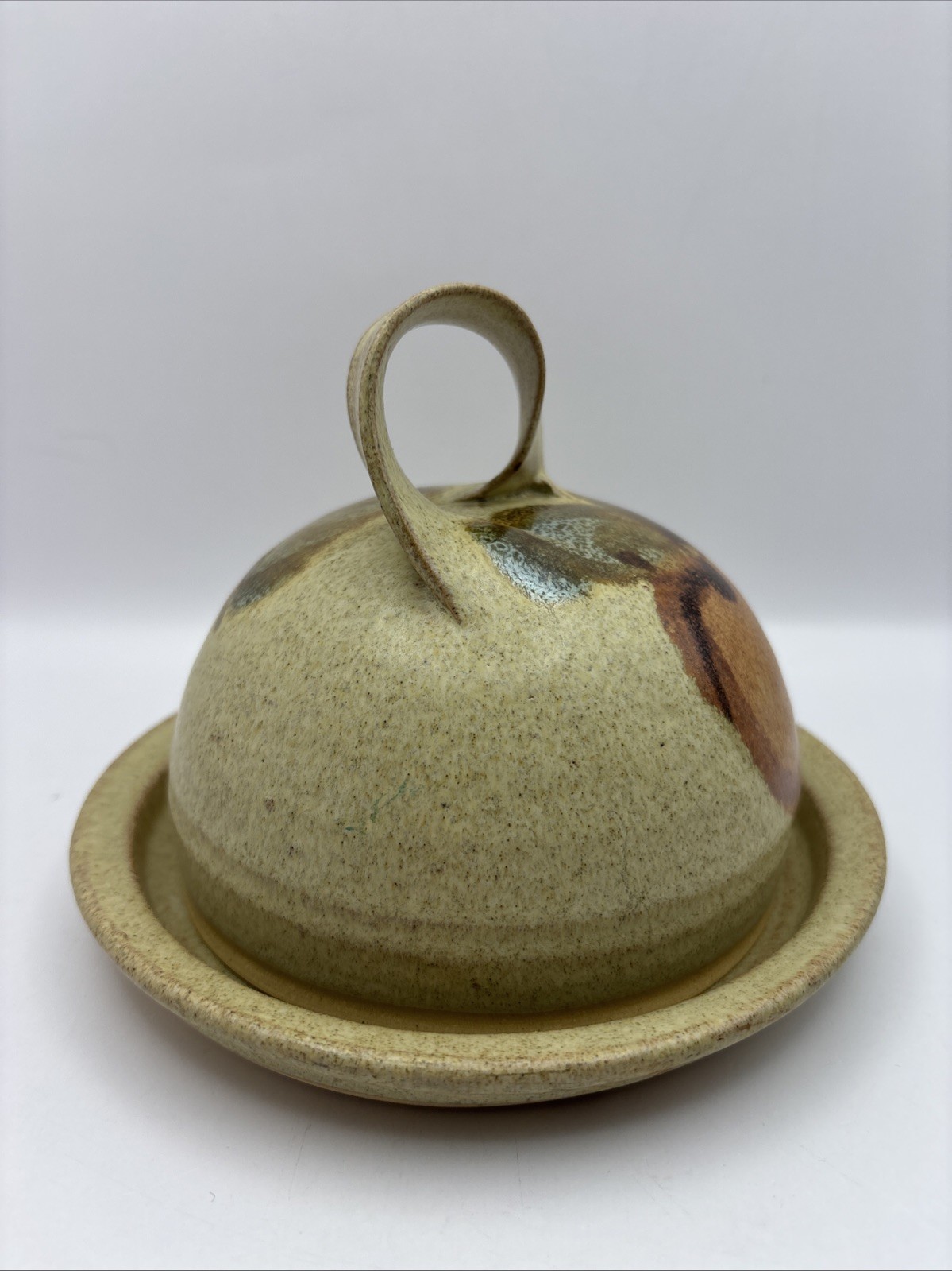 Art Pottery Butter/Cheese Keeper with Done Lid & Apple Design~Signed