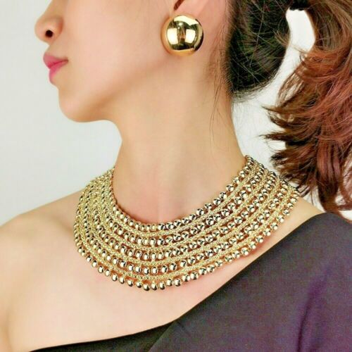 Set Collana Collare Choker Oro Oversize Metallo Perline Oro Di Rocks Boutique - Foto 1 di 3