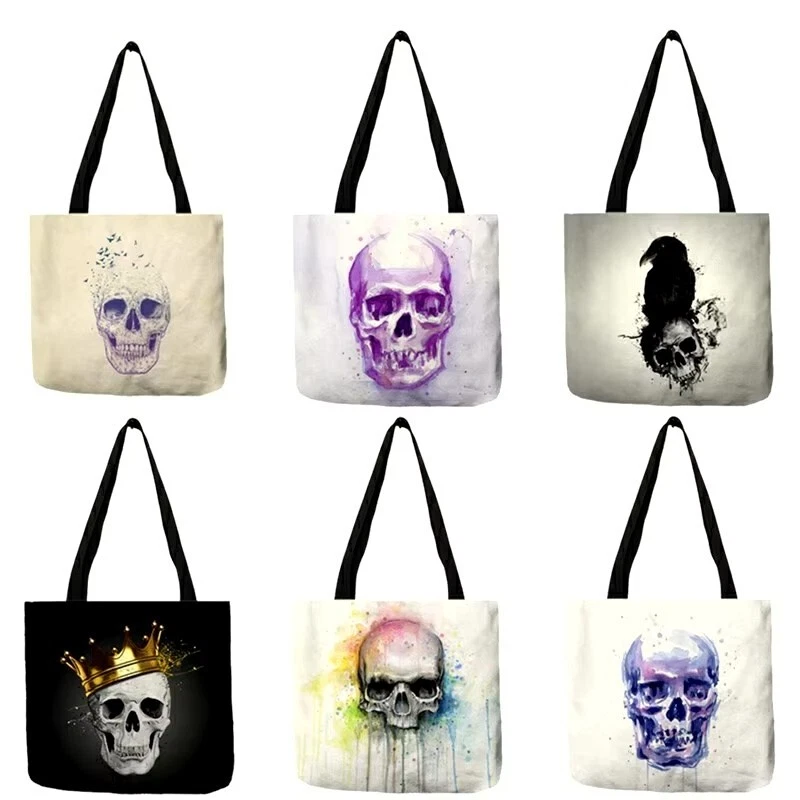 Sacolas de ombro femininas de linho pintura caveira aquarela - Imagem 2 de 4