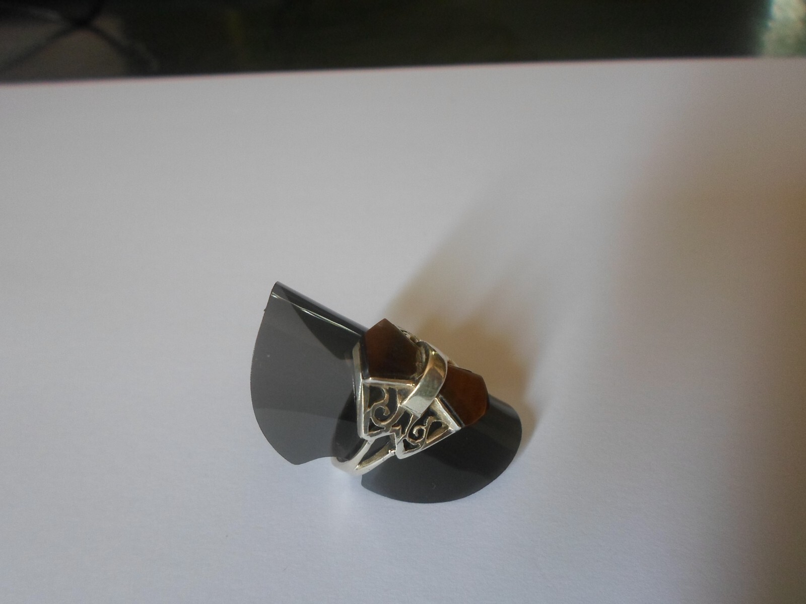 solid silver ring, tiger eye bow tie, openwork ou… - image 5