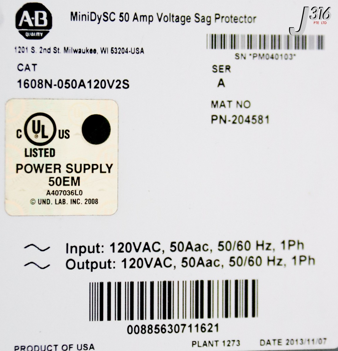 タケ C3728 ALLEN-BRADLEY SINGLE PHASE VOLTAGE SAG CORRECTOR, 50A 1608N
