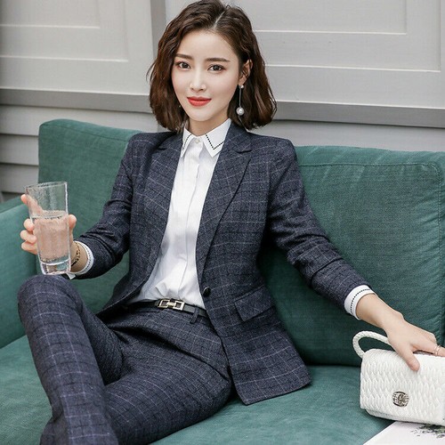 Gray Plaid Blazer Set And Pant Suits 
