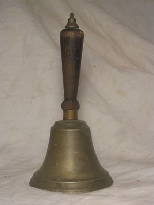 damaged antique bell wooden handle wood & brass ? old ring ding dinger 7.5'' tall