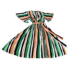 Pretty Little Thing V-Neck Striped Bell Sleeves Tie Waistline Pleat Dress Sz 12