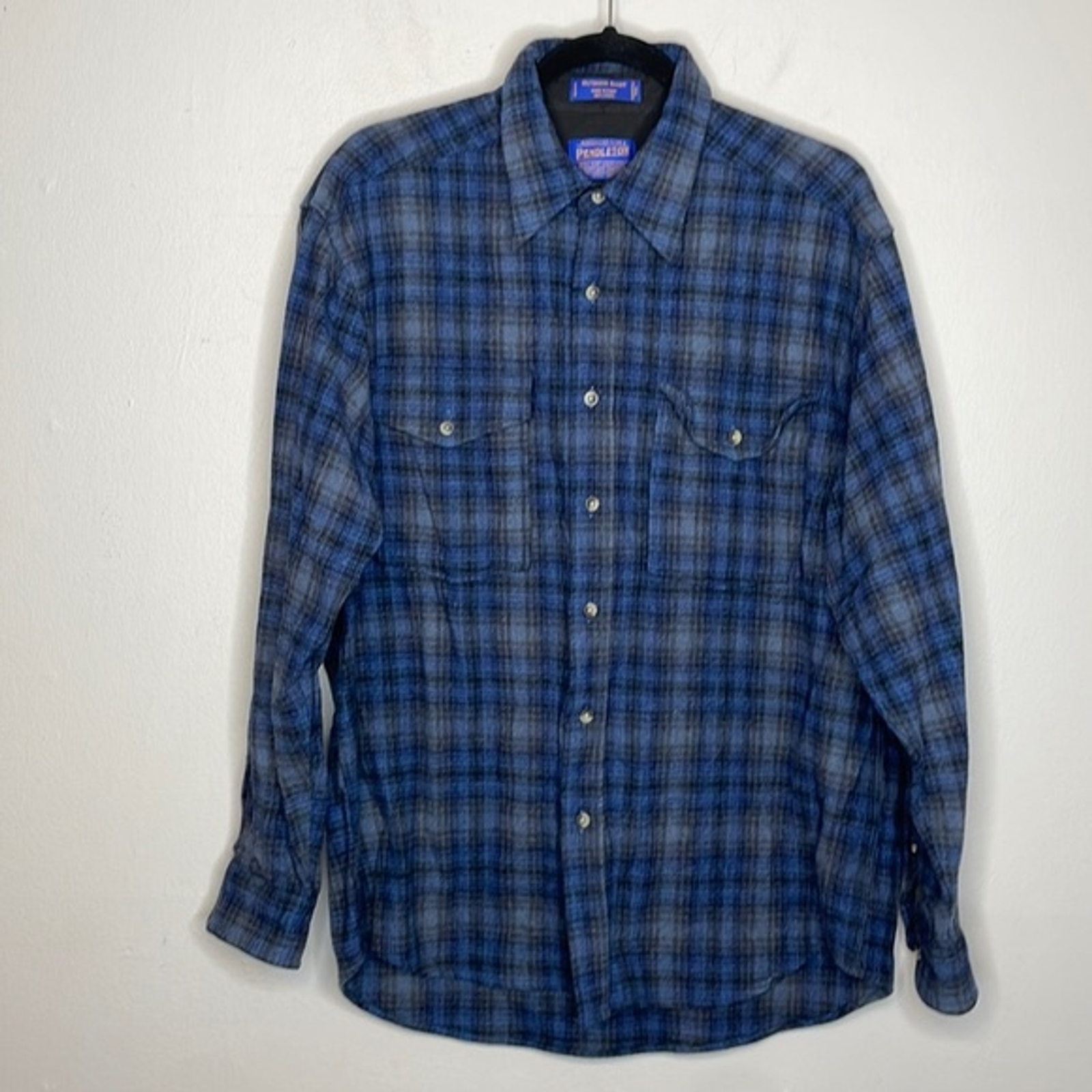 Pendleton Wool Button Down Outdoor Shirt Blue Pla… - image 1