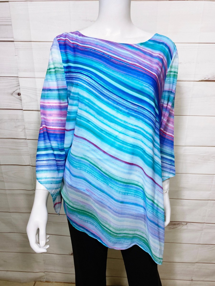 Chico's Womens Top Size 2 Multicolor Striped Asymmetrical Hem