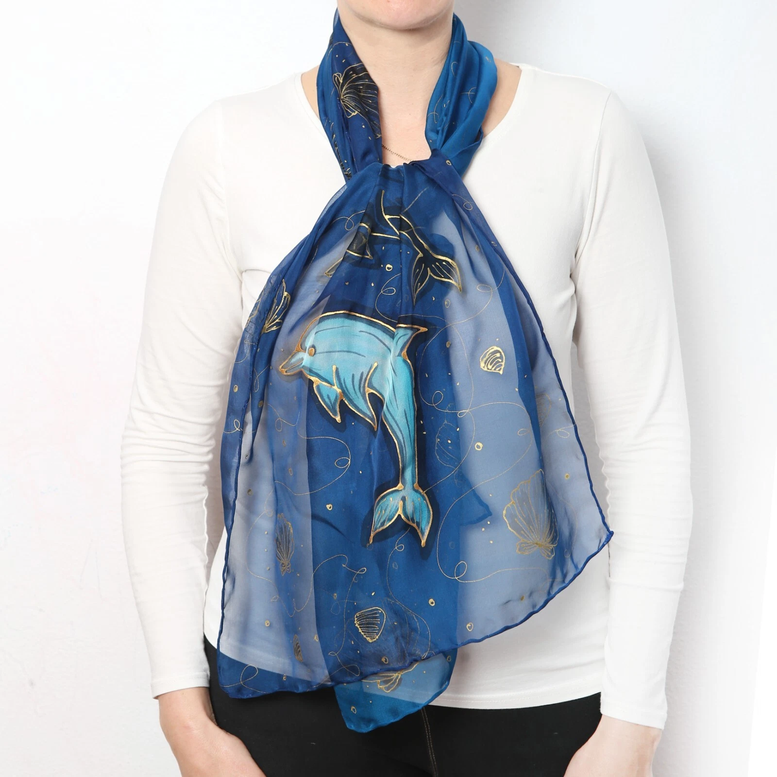Dolphin Print Hand Painted Silk Chiffon Scarf Blue Summer Scarf Dolphin Gift